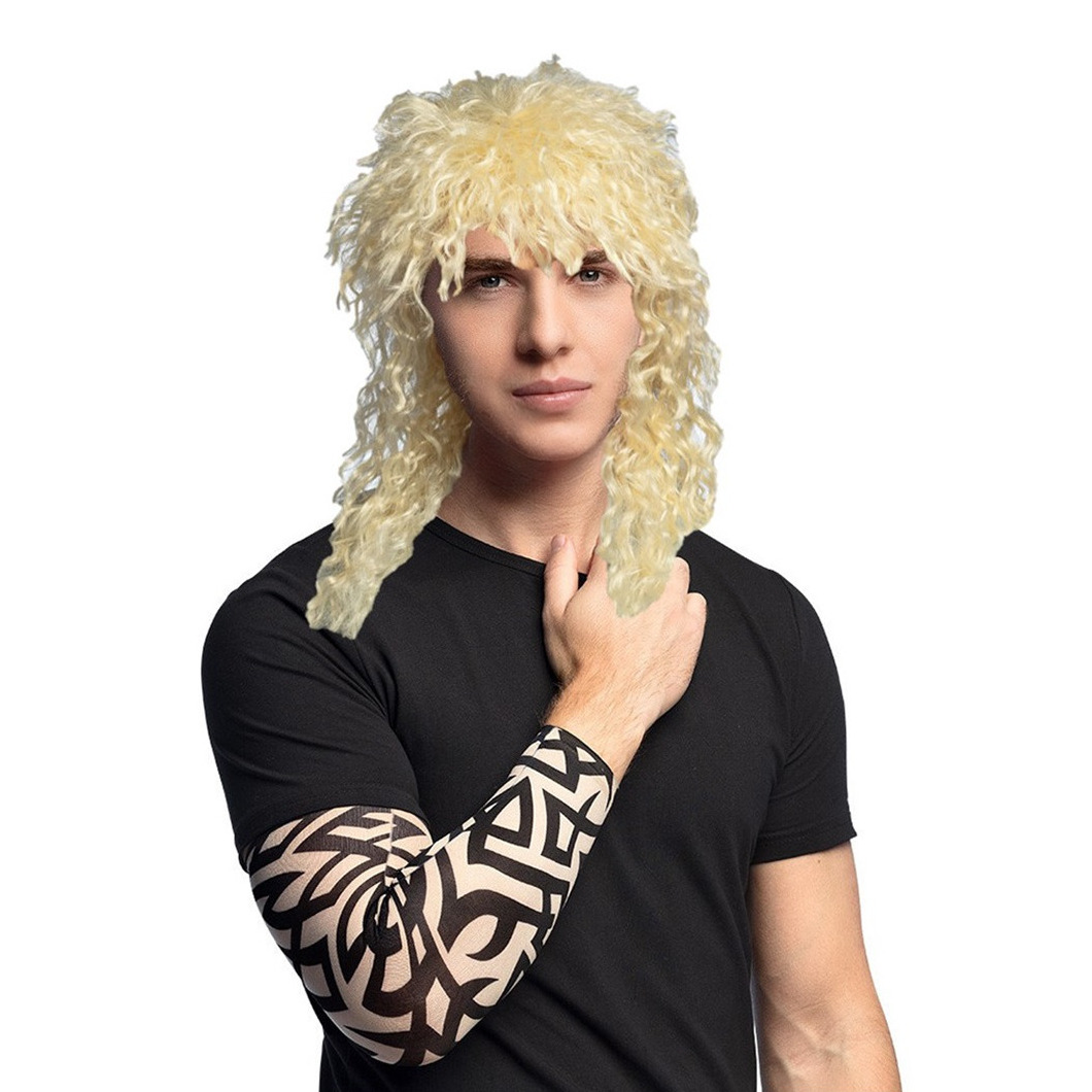 Carnaval Verkleed set Rocker/biker - Heren pruik blond en arm sleeves met tattoos -