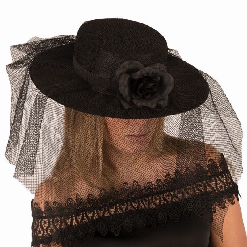 Carnaval Halloween verkleed dameshoed met sluier en bloem - zwart -