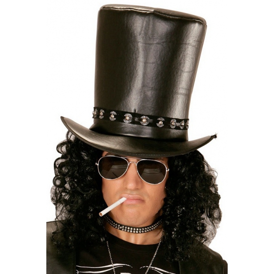Rocksterren hoed - hoog - zwart - lederlook - volwassenen - rockstar - verkleedaccessoires -