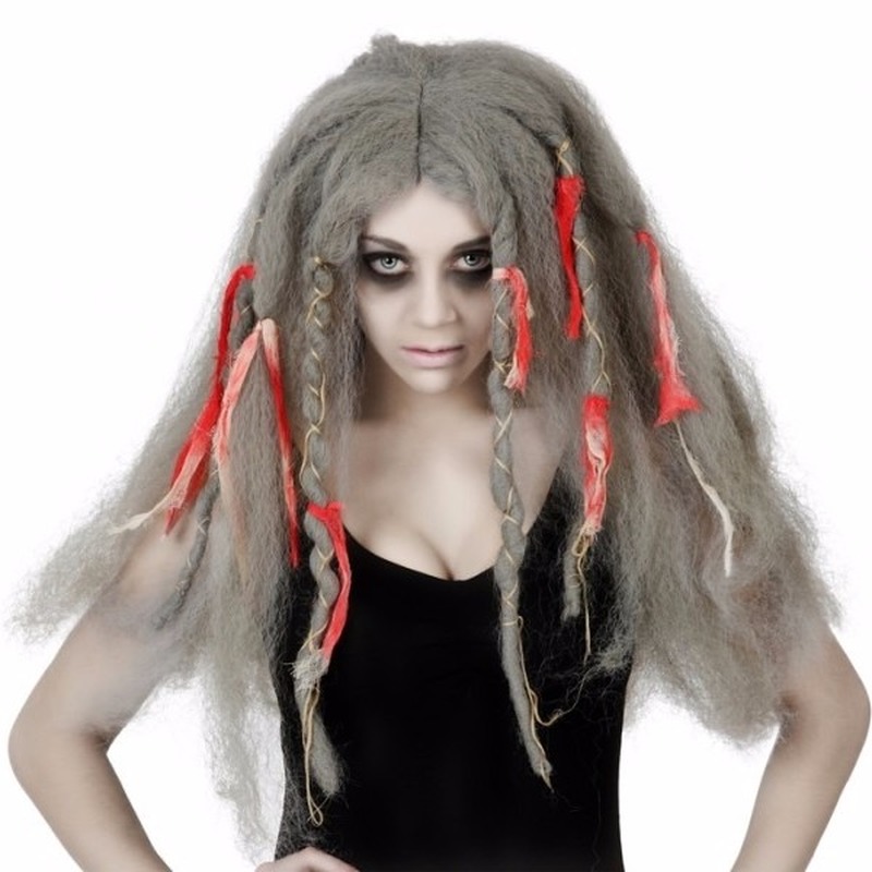 Halloween zombie damespruik - grijs vies lang haar - Horror thema verkleed pruiken -