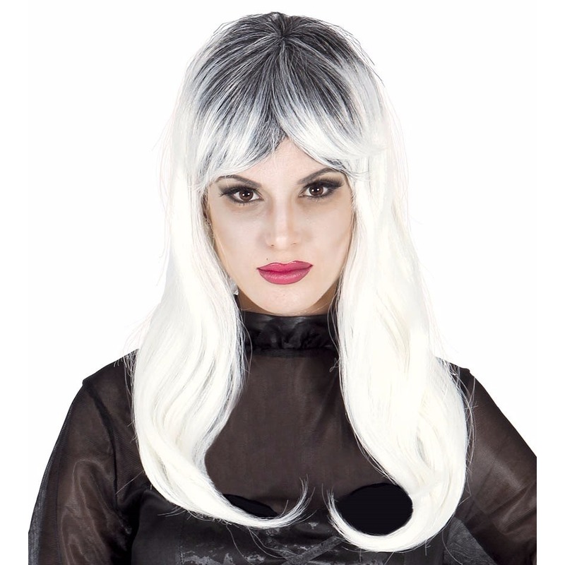 Halloween zombie damespruik - wit/grijs - lange haren - verkleed pruiken -