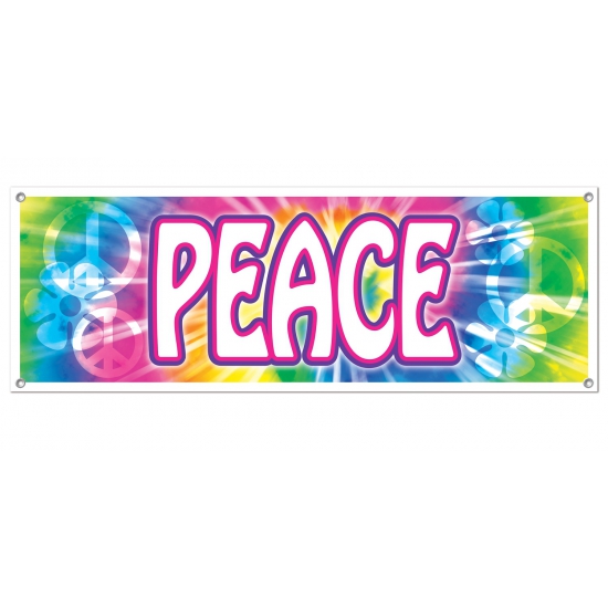 Flower Power Sixties/Hippie Peace teken vlag/banner - 150 x 50 cm - Versiering/feestartikelen -