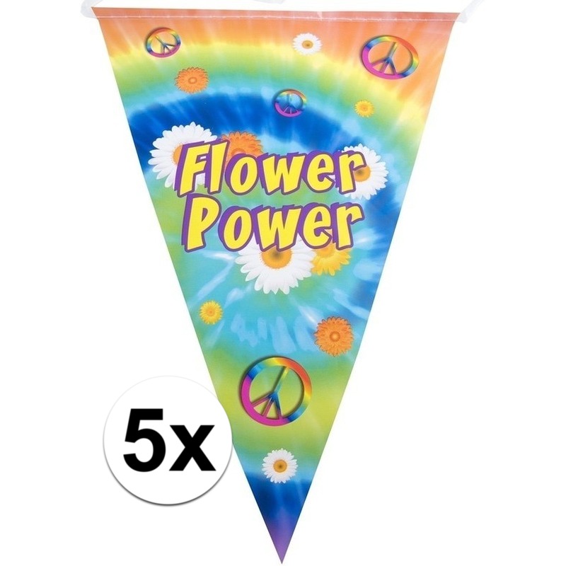 5x Vlaggenlijnen flower power hippie feest decoratie 5 meter -