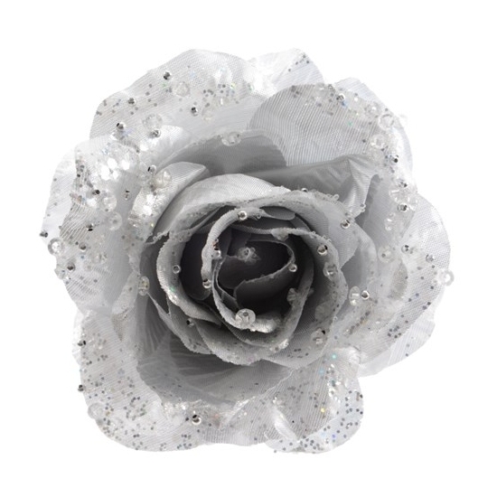 Kerstboom bloem op clip - zilver - 14 cm - kunststof - roos - kerstbloemen -