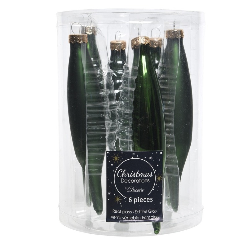 Decoris kerstbal pegels - 6x - donkergroen - D15 cm - glas - kersthangers - ijspegels -
