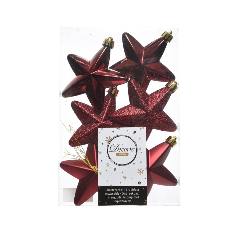 Decoris kersthanger sterren - 6x st - donkerrood - 7 cm - kunststof - kerstornamenten -