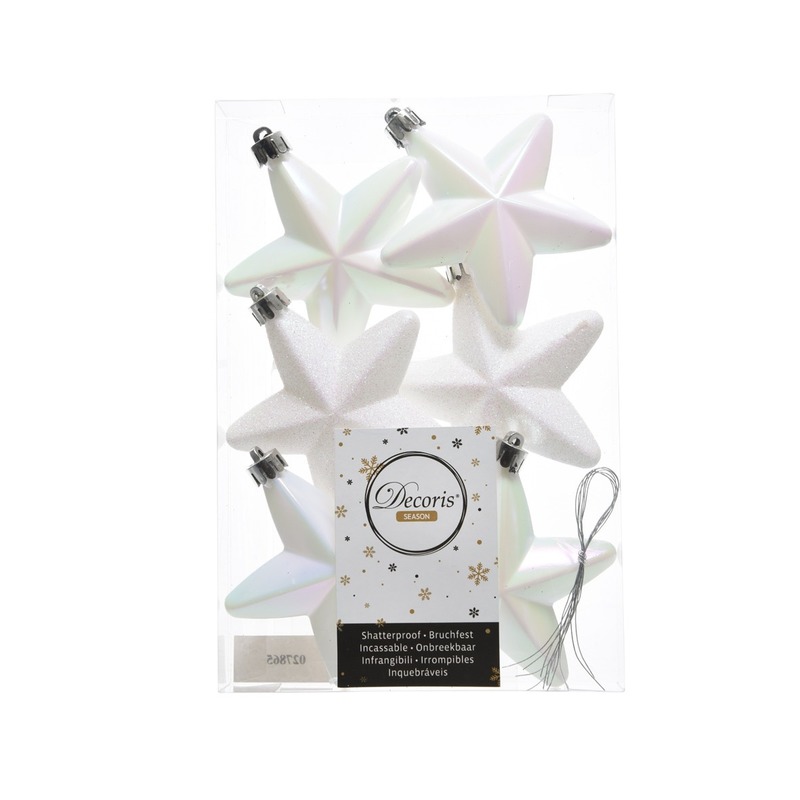 Decoris kersthanger sterren - 6x st - wit parelmoer - 7 cm - kunststof - kerstornamenten -