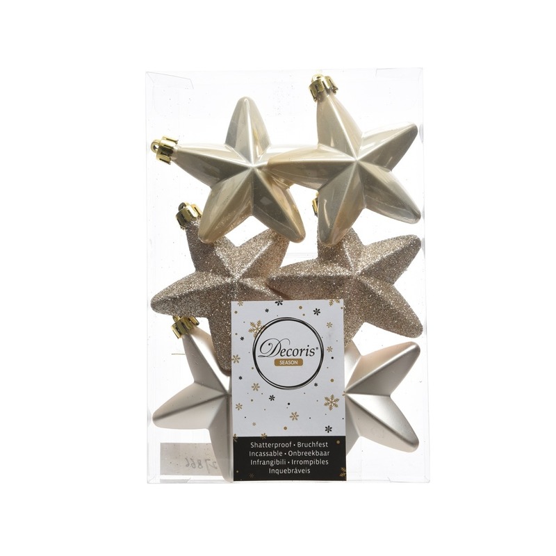 Decoris kersthanger sterren - 6x st - champagne - 7 cm - kunststof - kerstornamenten -