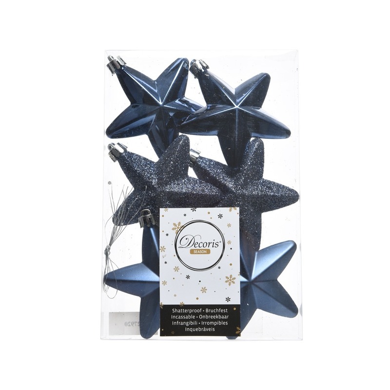Decoris kersthanger sterren - 6x st - donkerblauw - 7 cm - kunststof - kerstornamenten -
