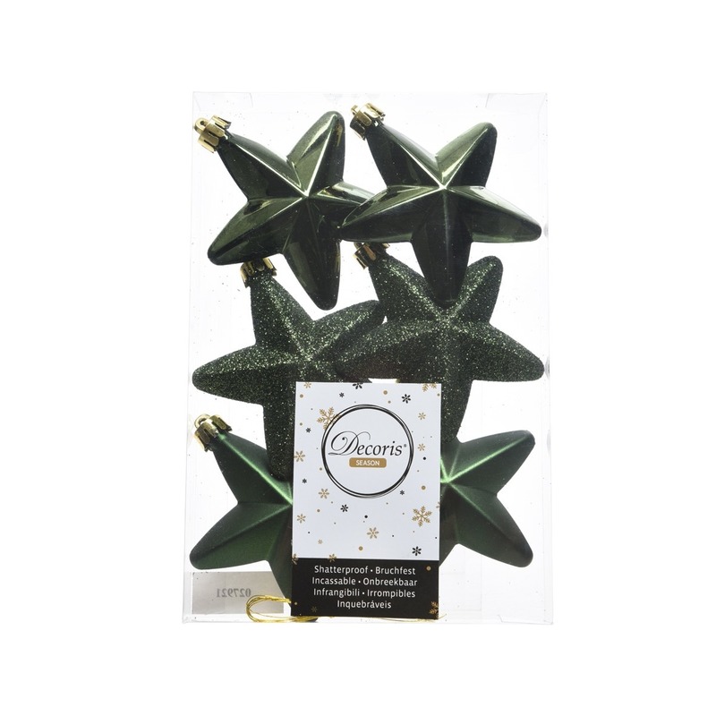 Decoris kersthanger sterren - 6x st - donkergroen - 7 cm - kunststof - kerstornamenten -