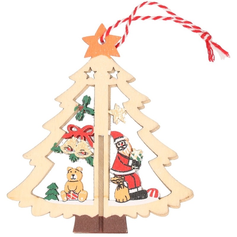 1x Houten boom met kerstman kerstversiering hangdecoratie 10 cm -