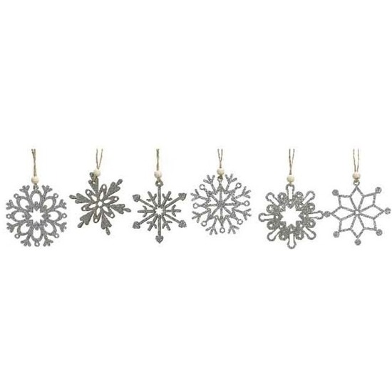 6x Houten sneeuwvlok kersthangers zilver 6 cm -