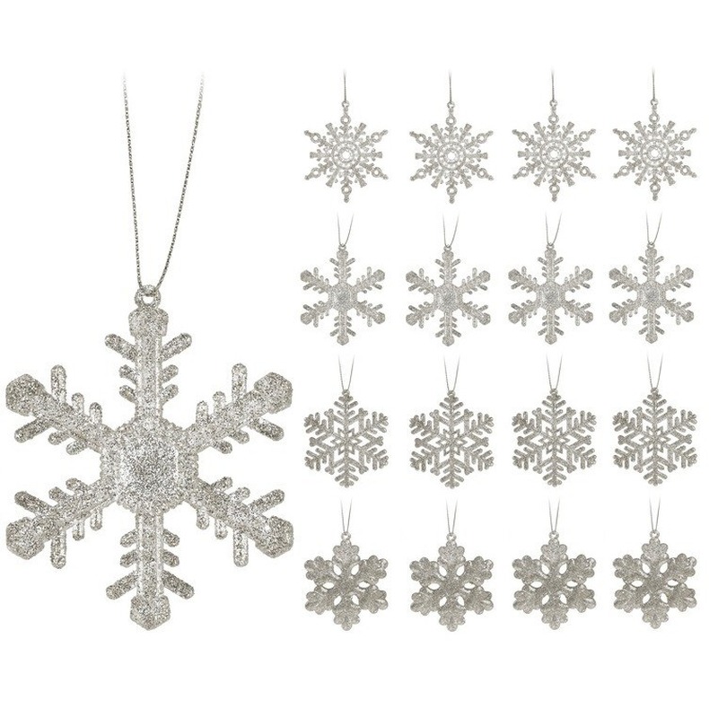 16x Kersthangers figuurtjes zilver sneeuwvlok/ster 10 cm glitter -