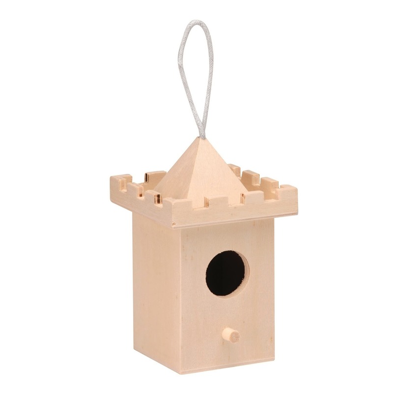 Hangdecoratie kerst vogelhuisje kasteeltoren 8 cm -