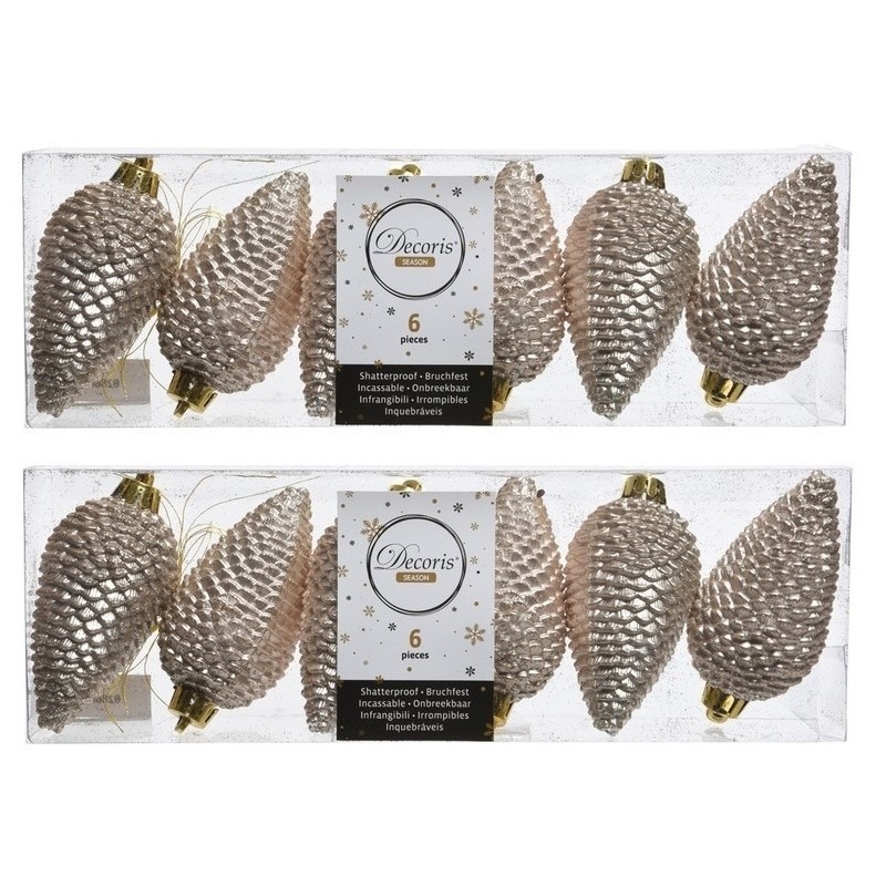 12x Licht parel/champagne dennenappels kerstballen 8cm kunststof -