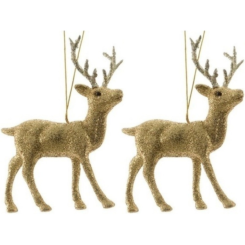 2x Kersthangers figuurtjes hert goud met glitters 12 cm -