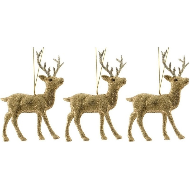 3x Kersthangers figuurtjes hert goud met glitters 12 cm -