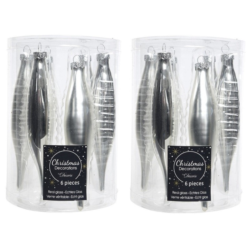 12x Zilveren kerstballen pegels glas 15 cm -