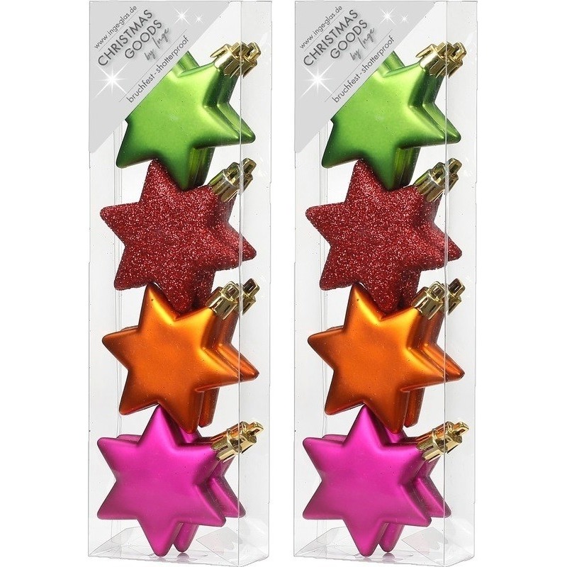 8x Kersthangers figuurtjes gekleurde sterren 6 cm -