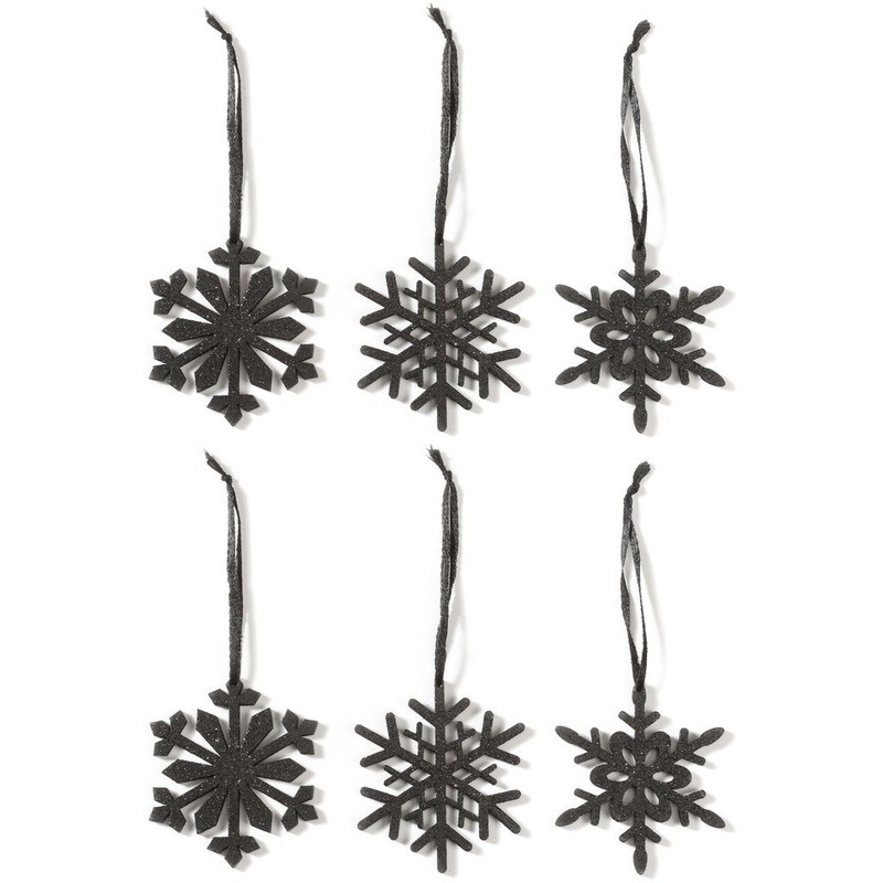 6x Kersthangers figuurtjes zwarte sneeuwvlok/ster 7,5 cm -