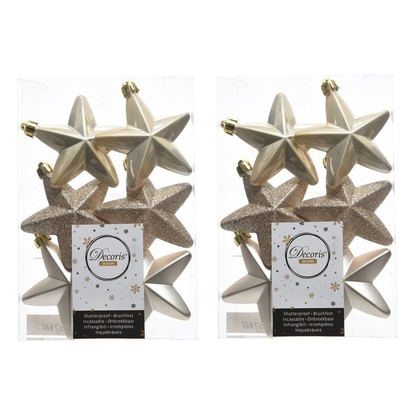 12x Licht parel/champagne sterren kerstballen 7 cm kunststof -