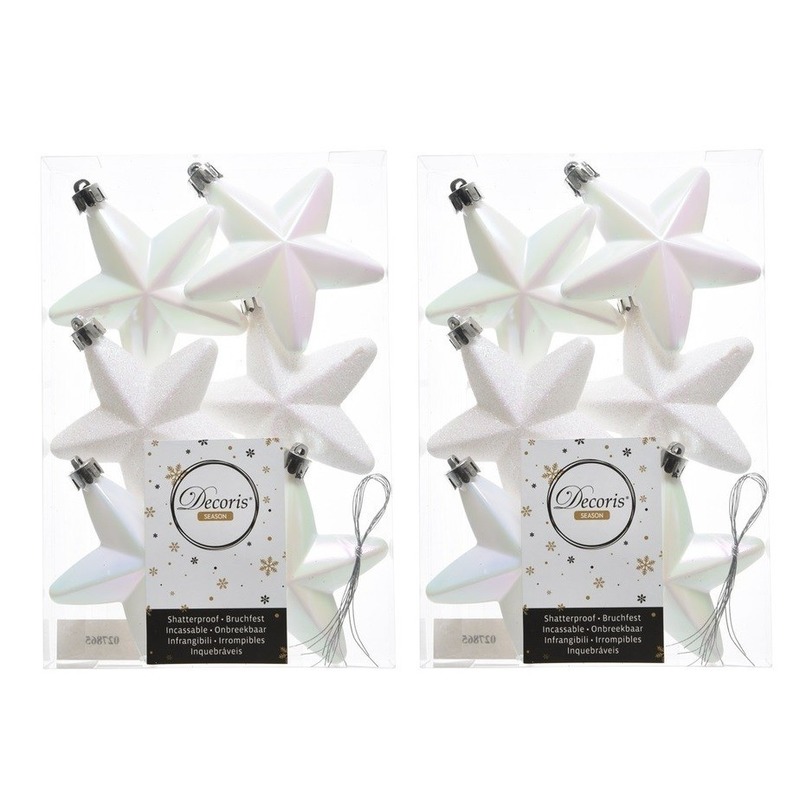 12x Parelmoer witte sterren kerstballen 7 cm kunststof glans/mat -