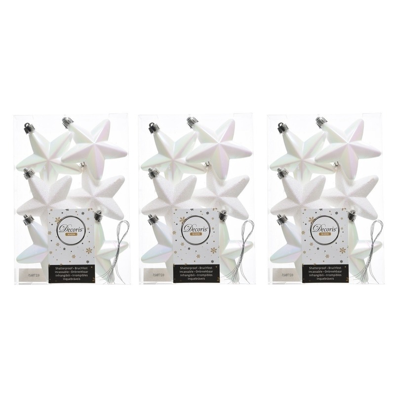 18x Parelmoer witte sterren kerstballen 7 cm kunststof glans/mat -