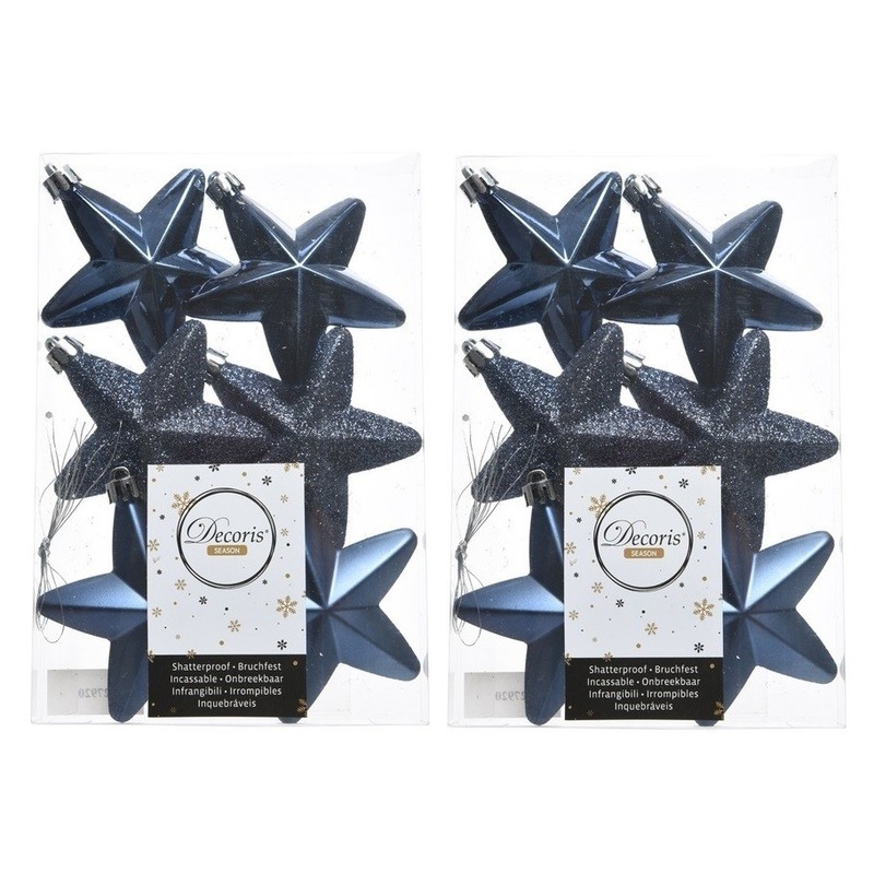 12x Donkerblauwe sterren kerstballen 7 cm kunststof glans/mat/gl -