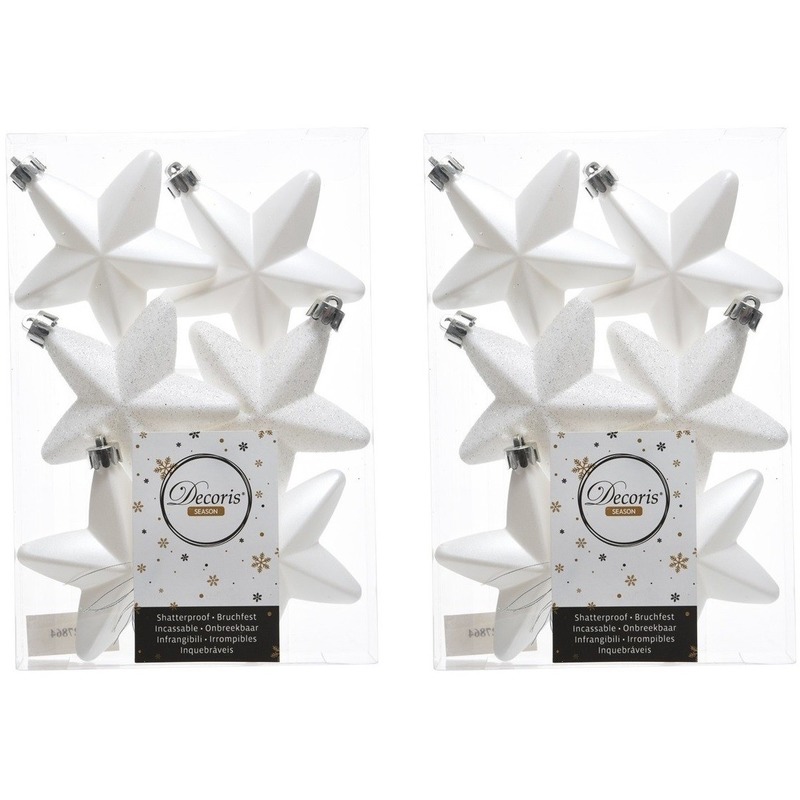 12x Winter witte sterren kerstballen 7 cm kunststof -