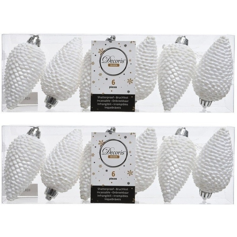 12x Winter witte dennenappels kerstballen 8 cm kunststof glitter -