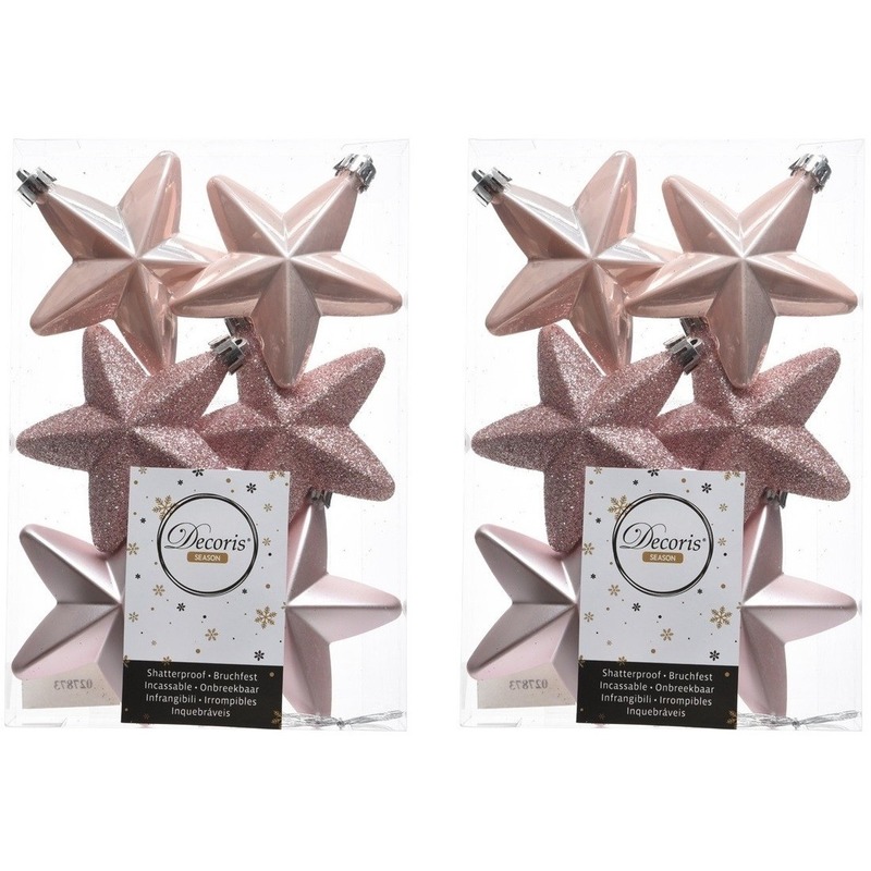 12x Lichtroze sterren kerstballen 7 cm kunststof -