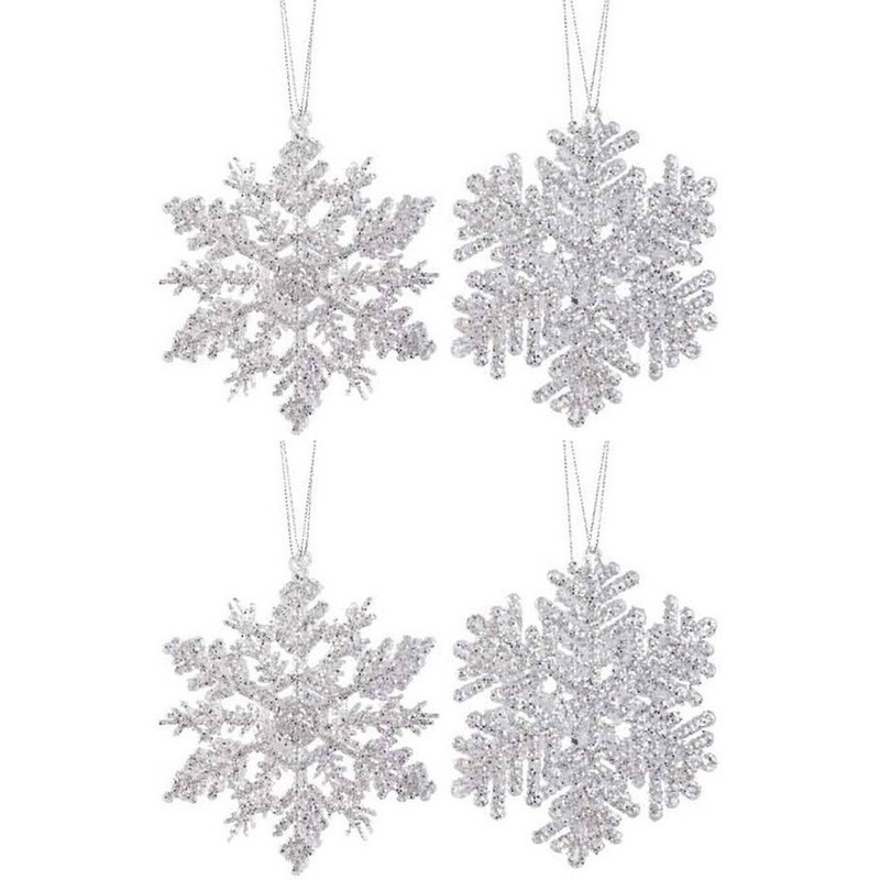 4x Kersthangers figuurtjes zilveren sneeuwvlok/ster 12cm glitter -