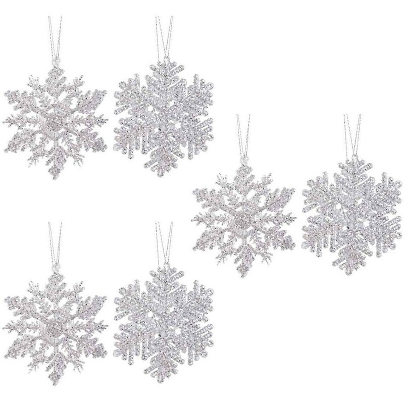 6x Kersthangers figuurtjes zilveren sneeuwvlok/ster 12cm glitter -