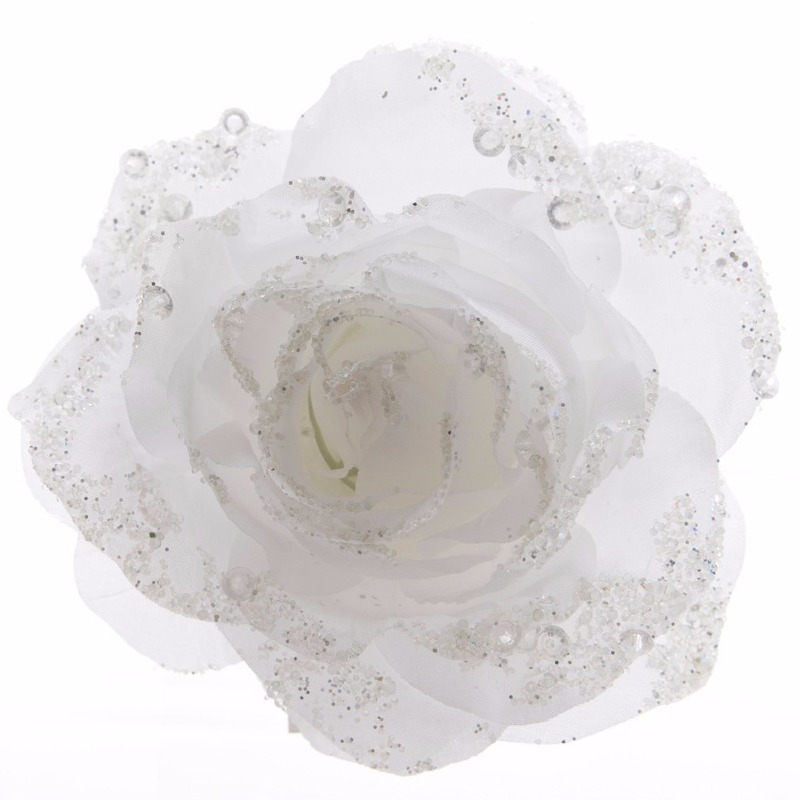 Kerstboom bloemen op clip - 3x st - wit - D14 cm - kunststof - kerstversiering -