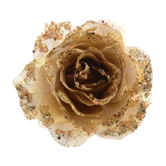 Decoratie roos - 3x - op clip - goud - 14 cm - kunststof - kerstbloemen - kerstboomversiering -