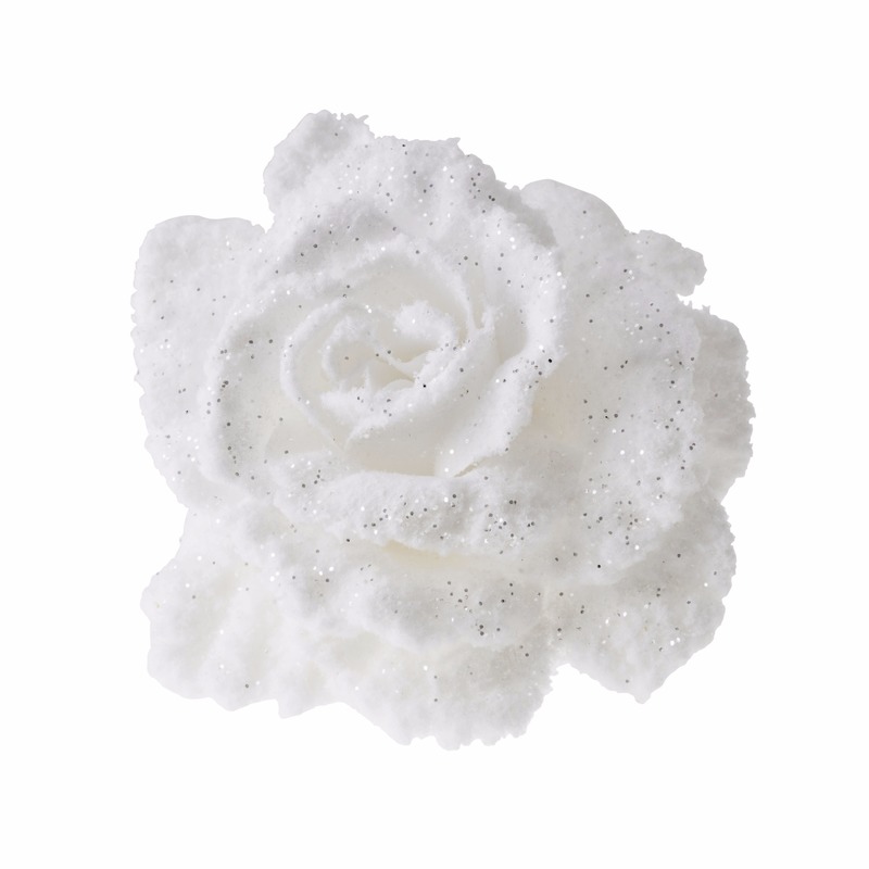 1x Kerstboomversiering bloem op clip wit en besneeuwd 10 cm -