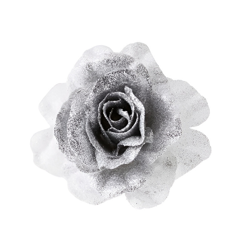 1x Kerstboomversiering bloem op clip zilver/wit en besneeuwd 18 cm -