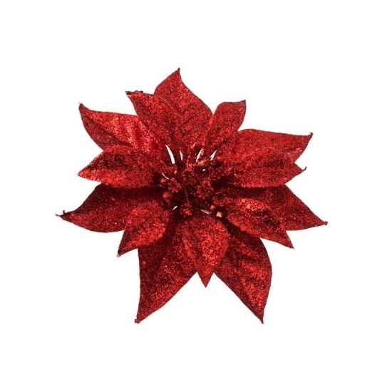 1x Kerstboomversiering bloem op clip rode kerstster 18 cm -
