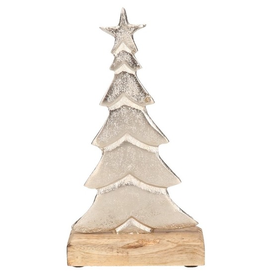 Kerstdecoratie - kerstboom - beeld - 24 cm - zilver - houten voet -