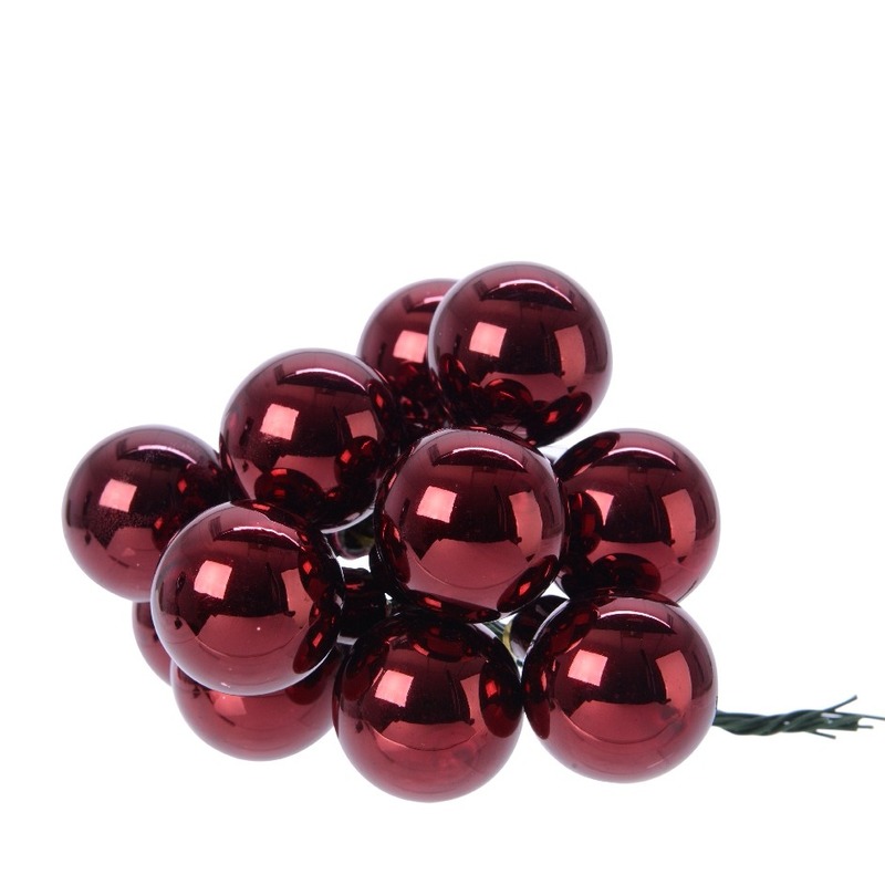 Decoris mini kerstballetjes op stekers - 10x stuks - donkerrood - D2 cm - glas -