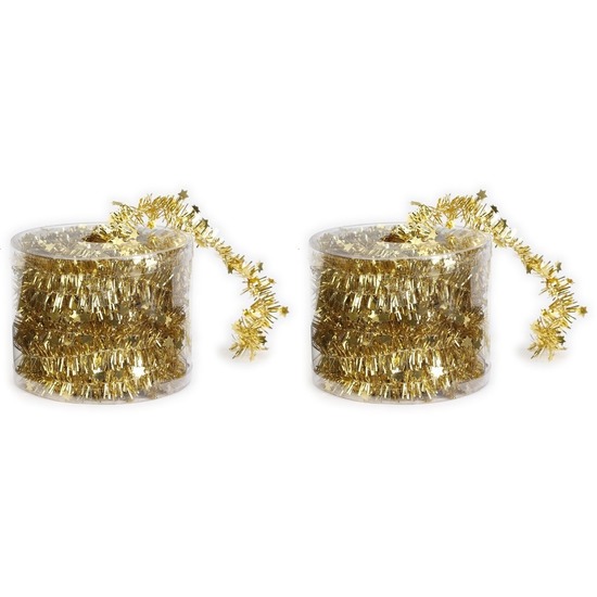 2x Dunne gouden folie kerstslingers 3,5 x 700 cm -