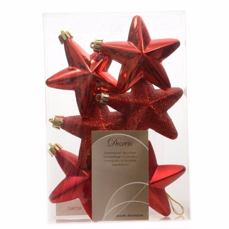 Kerstboom decoratie sterren rood 6 stuks Elegant Christmas 7 cm -
