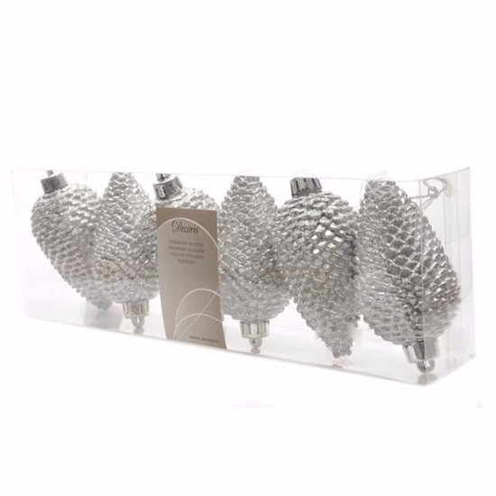 Kerstboom kerstbal dennenappels zilver Elegant Christmas 6 stuks -