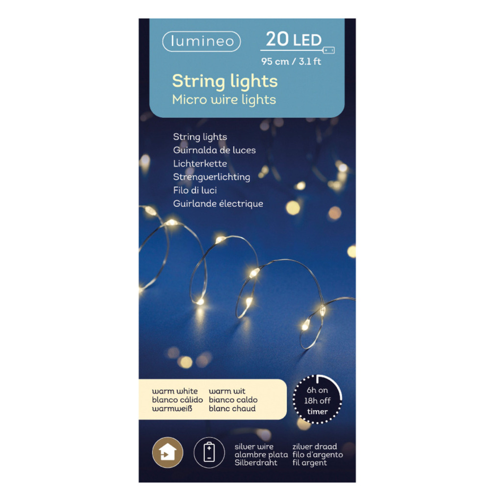 Timer draadverlichting zilverdraad 20 warm witte lampjes - 95 cm -