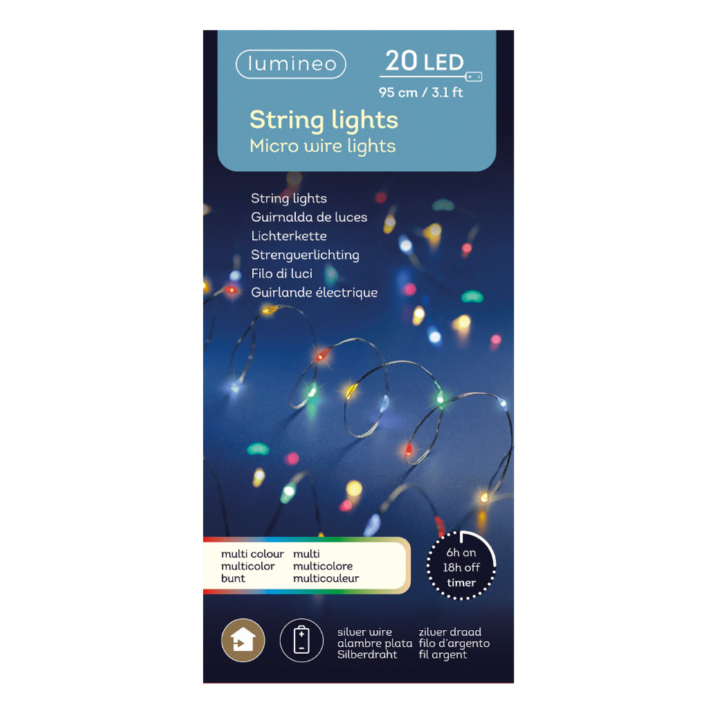 Lumineo draadverlichting - zilver - 20 led lampjes - gekleurd - 95 cm - lichtsnoer -