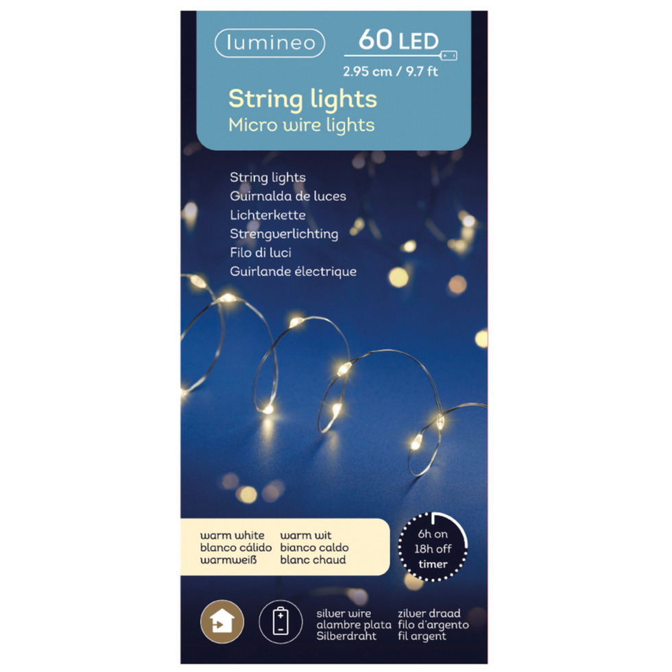 Timer draadverlichting zilverdraad 60 warm witte lampjes -295 cm -
