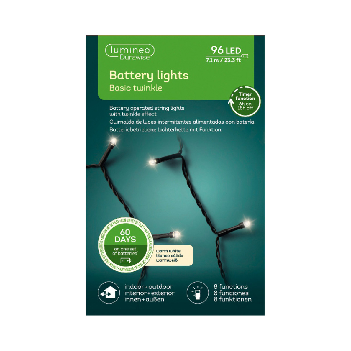 Kerstverlichting - twinkle - op batterij - warm wit - buiten - 96 lampjes - boomverlichting -