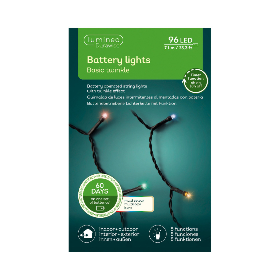 Kerstverlichting twinkle op batterij gekleurd buiten 96 lampjes -