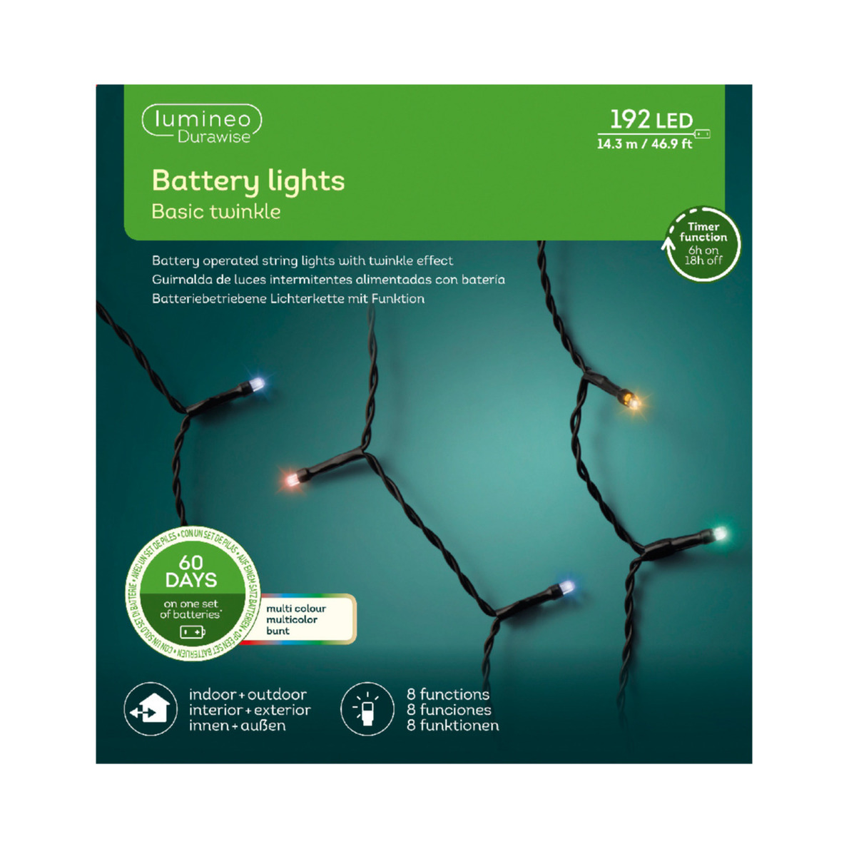 Kerstverlichting - twinkelend - op batterij - gekleurd - 192 led lampjes - 1430 cm -