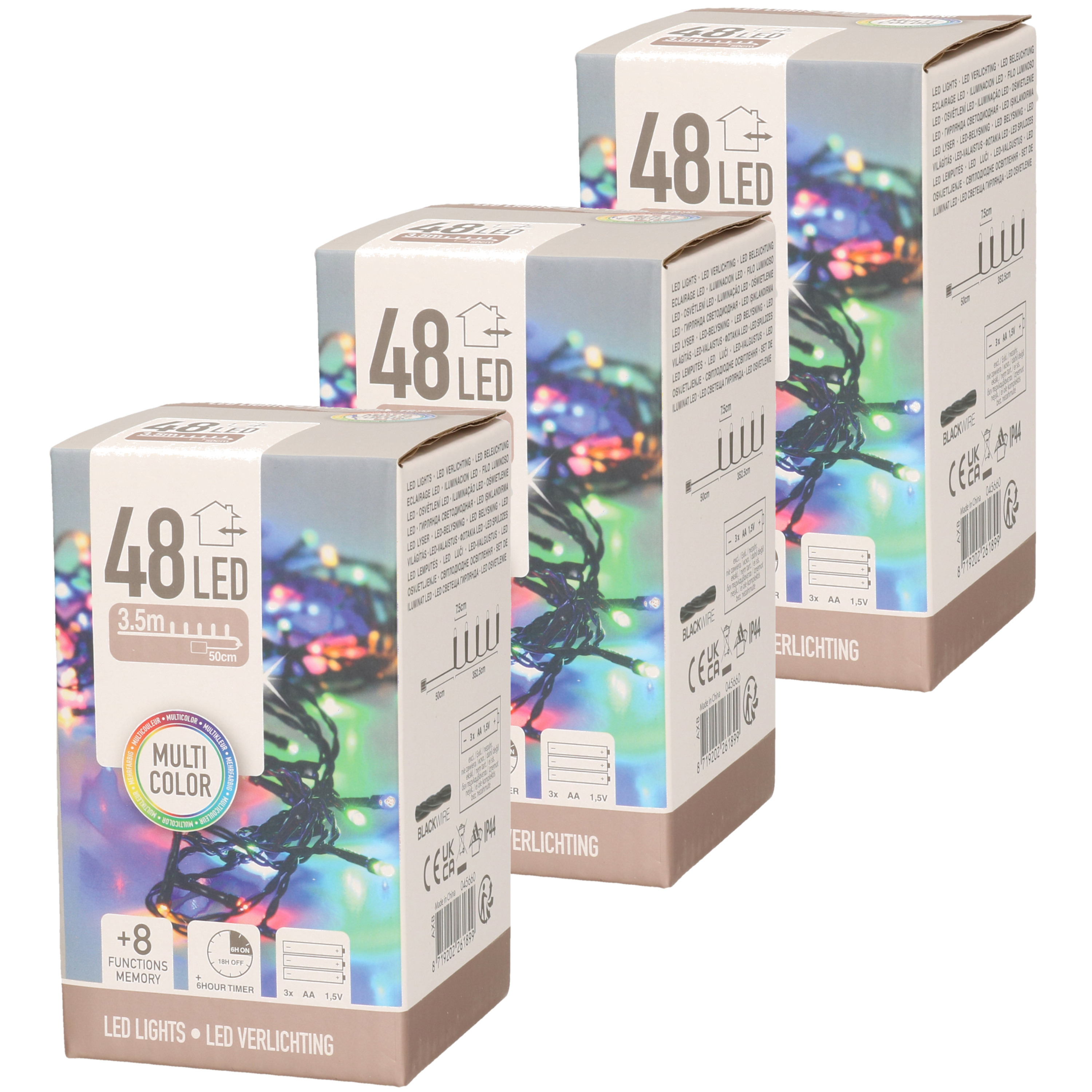 3x Kerstverlichting op batterij gekleurd buiten 48 lampjes -